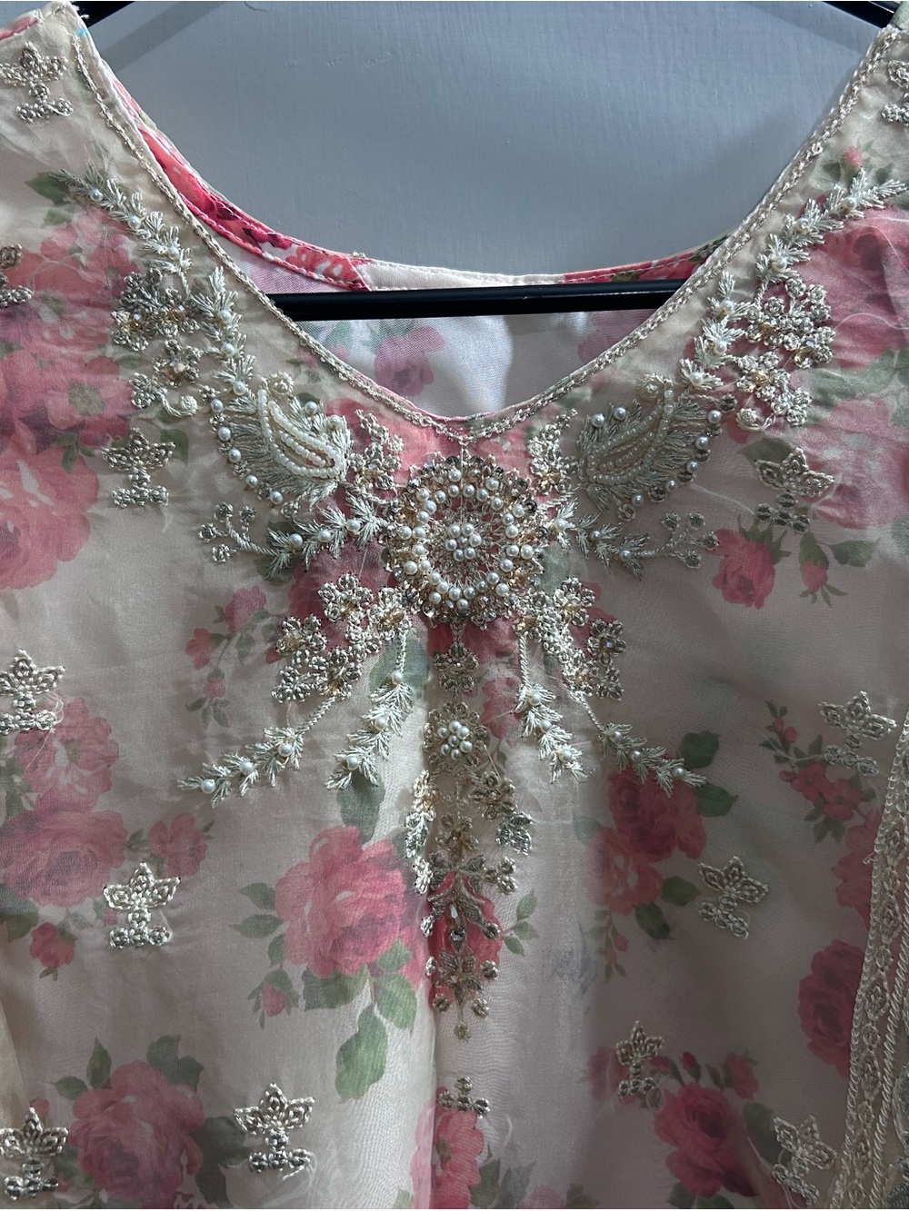 Embroidered Floral V-Neck Top in Blush Pink and Cream